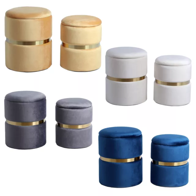 Set Coppia 2 Pouf Contenitore In Legno E Velluto Imbottito Casa Salotto Melis