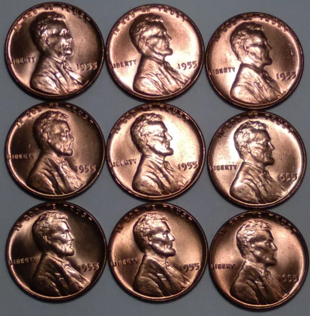 1955 P Lincoln Wheat Penny Cent MS BU UNC ~9 RED CHOICE GEMS~