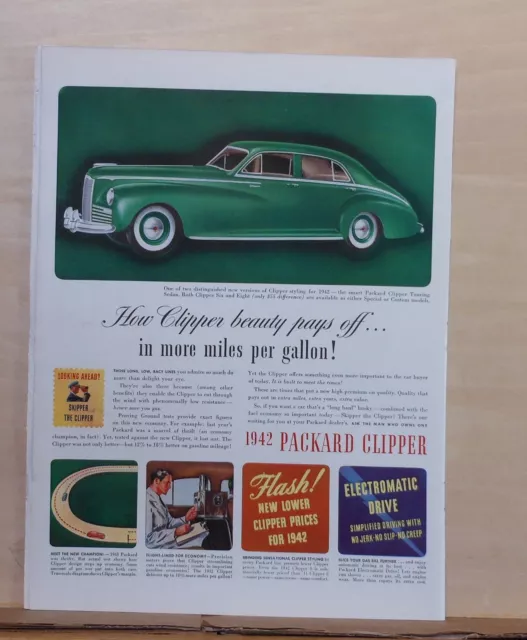 1941 magazine ad for Packard - 1942 green Clipper Touring Sedan, more mpg