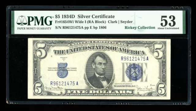 DBR 1934-D $5 Silver Fr. 1654Wi Wide I RA Block PMG 53 Serial R96121475A