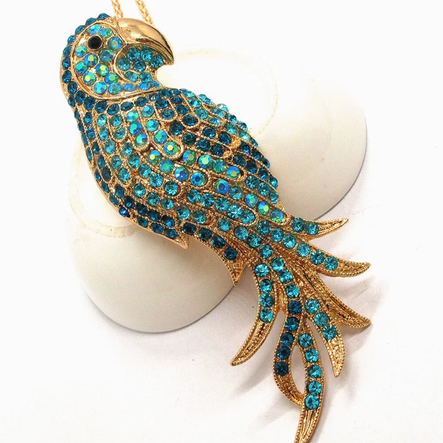 New Betsey Johnson Blue Bling Crystal Parrot Rhinestone Pendant Chain Necklace 4