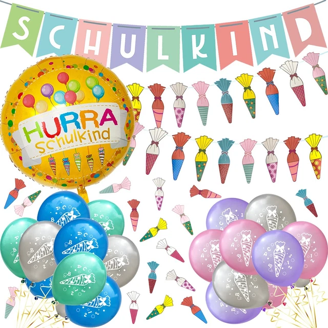 Oblique Unique® Einschulung Deko Set – Mit Girlande, ABC Luftballons & Zuckertüten Konfetti – Bunt
