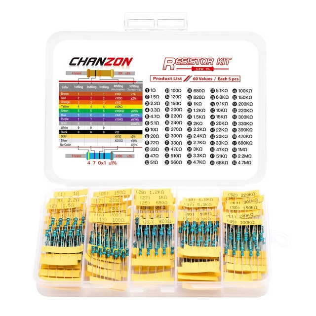 60 Values 1/4W (0.25 watt) Metal Film Fixed Resistor Kit 300pcs 1R-4....