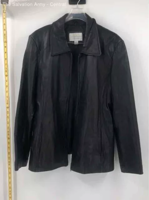 Worthington Womens Black Leather Long Sleeve Collared Full-Zip Jacket Size Large