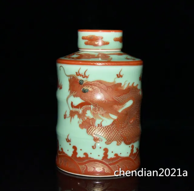 6" China Old porcelain Qing Qianlong alum red dragon pattern bamboo knot lid jar