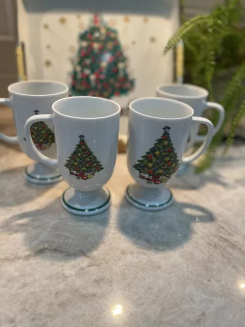 Vintage CHRISTMAS Pedestal Footed Mug, Mount Clemens Pottery TREE Holiday, Set 4