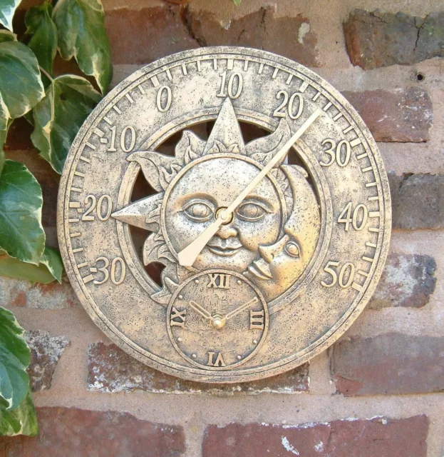 Outdoor indoor Garden Wall Station Sun & Moon Clock Copper with Thermometer