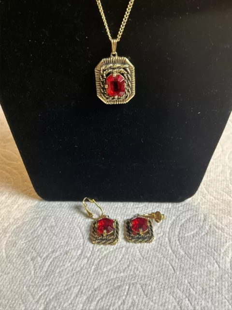 Vintage Sarah Coventry Majorca Red Emerald Cut Rhinestone Necklace Earrings Set