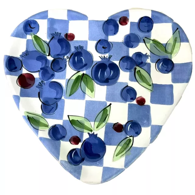 Hungarian Pottery Mesa International Blueberry Blue White Check Heart Dish