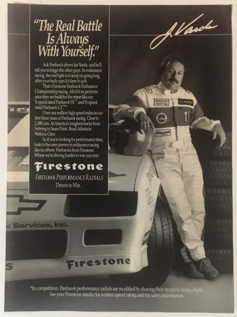 Firestone Tires Motorsports Joe Varde 1988 Vintage Print Ad 8x11In. Wall Decor
