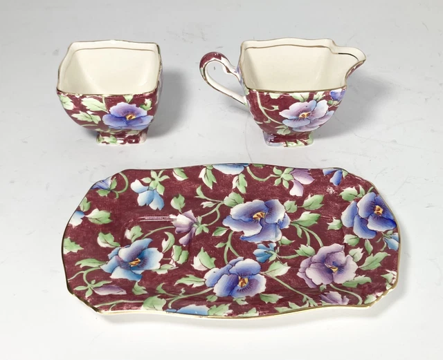 Royal Winton Grimwades Chintz Ascot JUNE FESTIVAL, Sugar Bowl Creamer w/Tray VTG 3