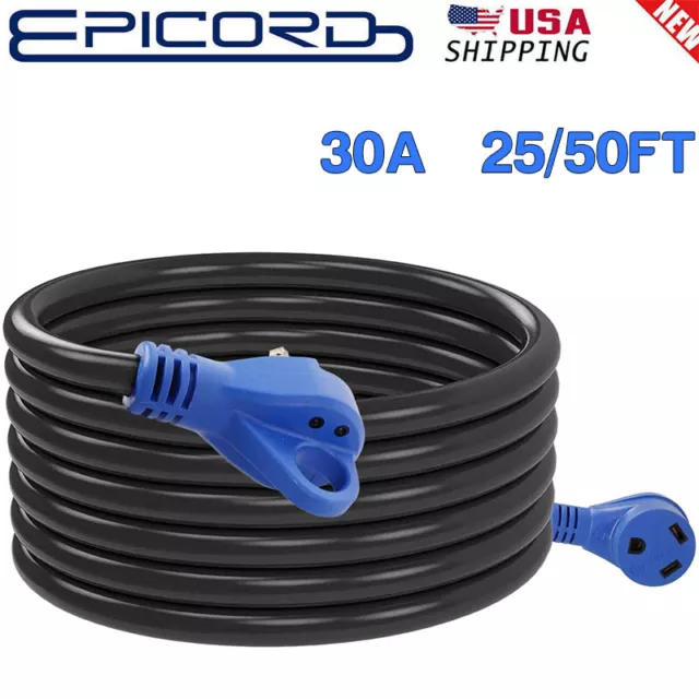 30 Amp 25/50 Feet RV Power Extension Cord STW 10AWG 3 Easy Plug Handle Blue