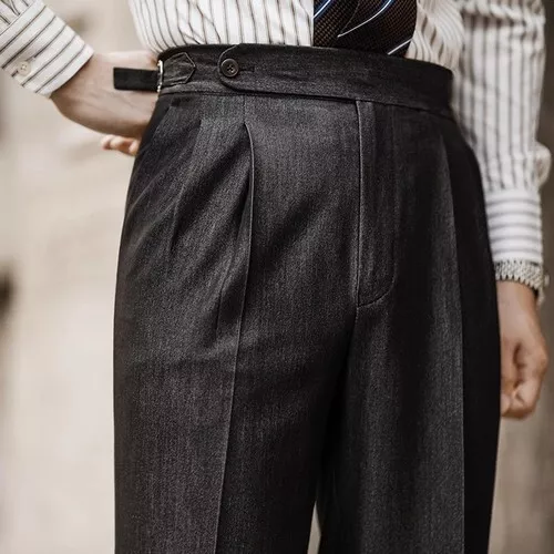 Mens Retro Naples Trousers High Waist Straight Pants Formal Casual Pants Pleated