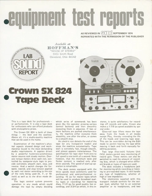 1974 Crown SX 824 R2R Tape Deck Audiophile Test Reports Dealer Brochure Audio US