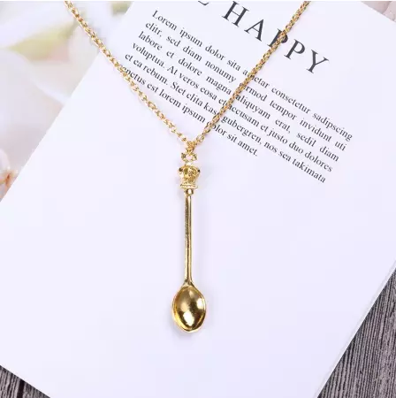 Tiny Gold Tea Spoon Shape Charm Gold Pendant Necklace With Crown - Gift