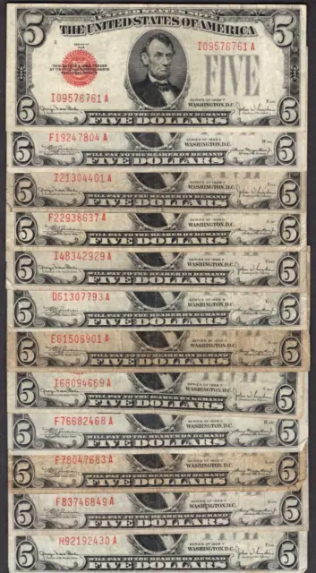 Lot of 12 1928 $5 Five Dollar Bills Red Seal S474