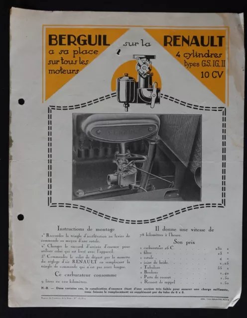 BERGUIL Renault 4 Cylinder 10 hp Car Garage Advertising