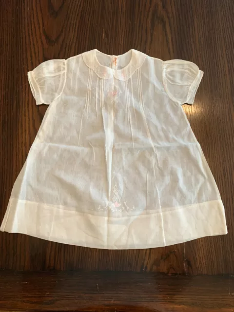 Antique Victorian White Linen Baby dress 6 month pintucks pink Hand embroidery