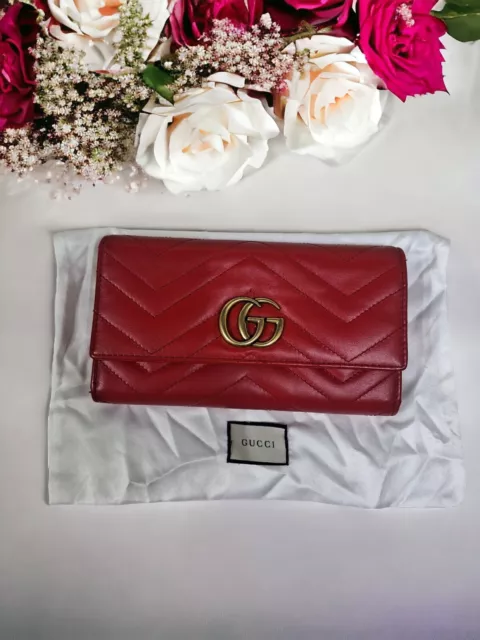 Gucci Women Wallet Red Marmont  Gg Gold Logo Continental Long Wallet