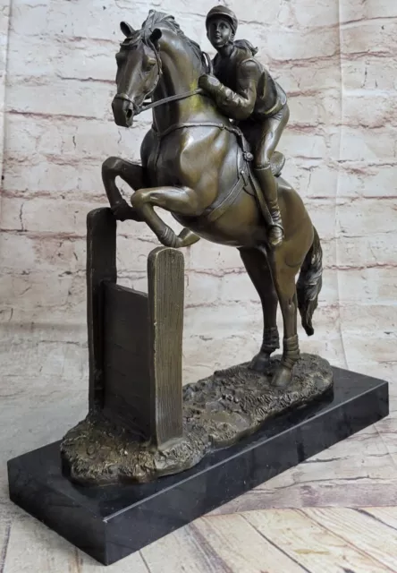 Very Large Solid Bronze Equestrian Horse With Jockey On Walnut Base Rare Gift