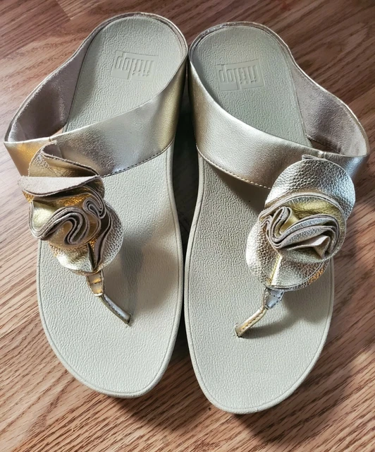 Fitflop Florrie Wedge Sandals Thong Floral Gold Leather Womens US 9