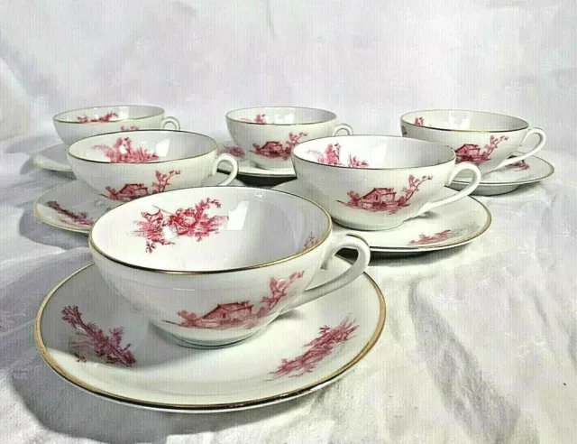 6 tasses à thé ou café porcelaine de Limoges GDA décor rose