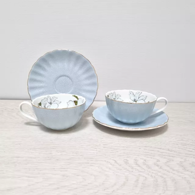 English Fine Bone China Set Of Two Teacups & Saucers Blue Floral VGC