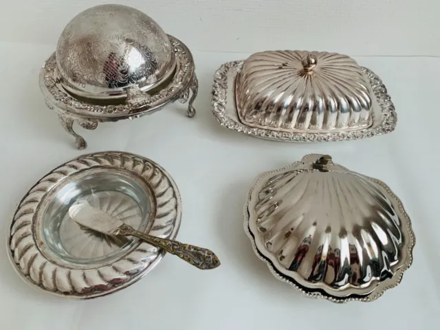 Set of 4 Vintage silver plated orb butter dish/Caviar Dish Domed Roll top Caviar