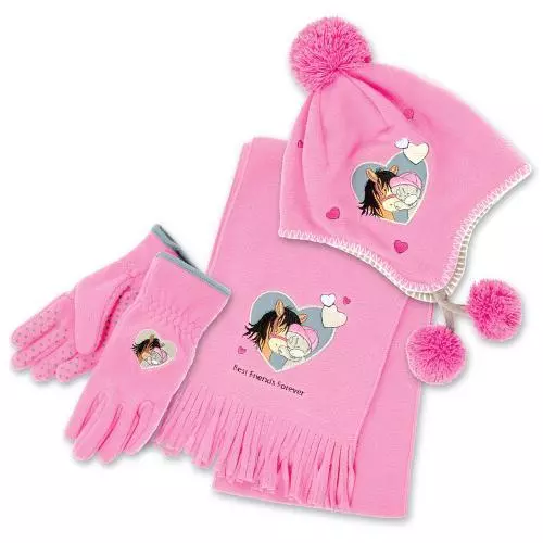 Child/kid Me To You Bear Fleece Hat, Glove & Scarf Set Pink Age 8-10 pony design