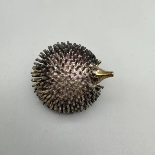 Sterling Silver and 14K Gold Hedgehog Brooch Pin Ruby Eyes WE Edwards 12.3g VTG