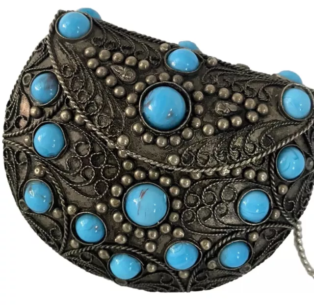 Sajai Turquoise Metal Purse Crossbody Shoulder Bag Small Art Deco Vintage 70s