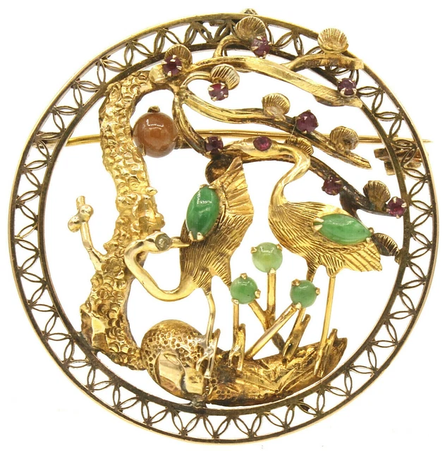 14K Oro Giallo Rotondo Cicogna Giada Rubino Ciondolo Spilla