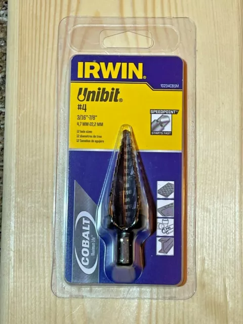 Step Drill Bit, IRWIN, Cobalt, Black Oxide, 3/16-7/8, 12 Hole Sizes, Speedpoint