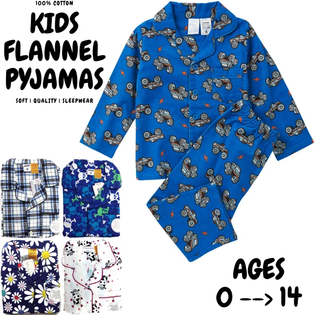 KIDS WINTER FLANNELETTE PYJAMAS PJs Boys Girls Flannel Pajamas Pyjama Set PJ