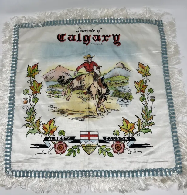 Vintage Souvenir Calgary Stampede Pillow Cover Fringed Case Alberta Canada