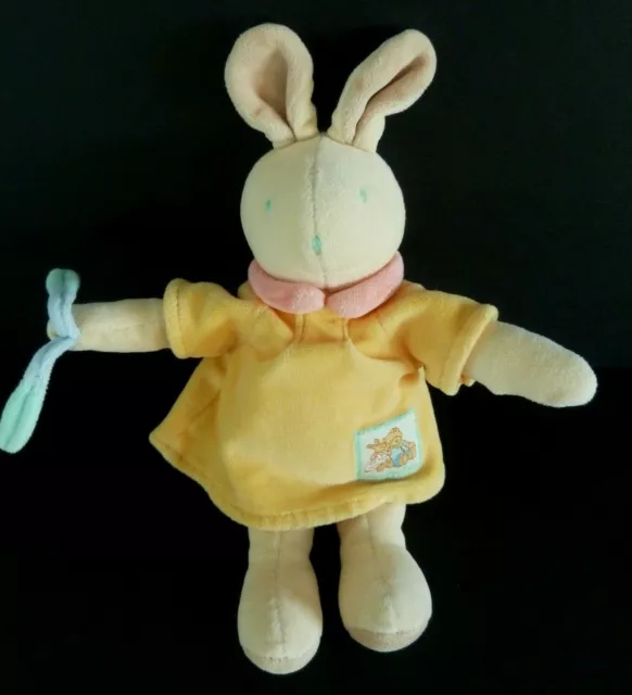 G9- DOUDOU PELUCHE MOULIN ROTY LAPIN ROBE ORANGE COL ROSE GRELOT 22cm+OREIL TBE
