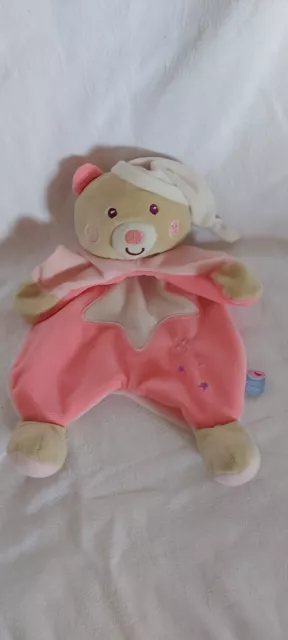 Doudou Plat Sucre D'orge Ours Blanc Rose Beige Luminescent Etoile  Etat Neuf