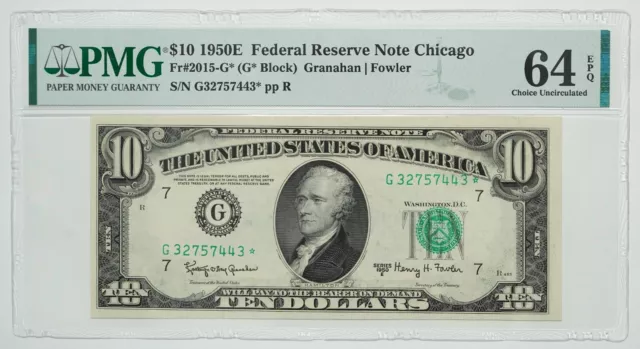 1950 E Series $10 Ten Dollar FRN Fr #2015-G* Granahan/Fowler PMG Graded 64 EPQ