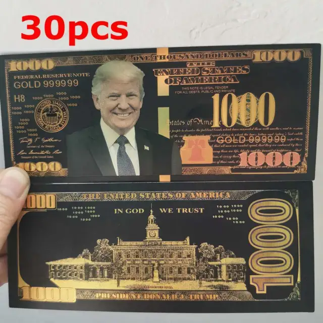 30pcs Black Gold Foil Banknote President Donald Trump $1000 Dollar Bill For Gift