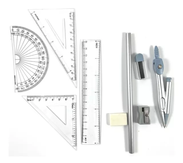 9 Piece Maths Geometry Set Back To School Exam Stationery Compass Protractor CMA 2