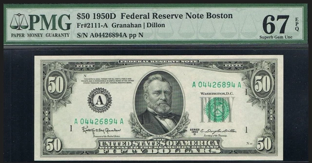 TOP POP.  SOLE FINEST.  $50 1950D Boston FRN. Fr. 2111-A. PMG 67 EPQ. POP: 1/0