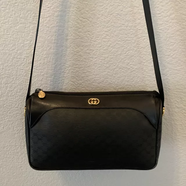 Vintage Gucci GG Black Leather Canvas Crossbody Shoulder Purse Handbag READ