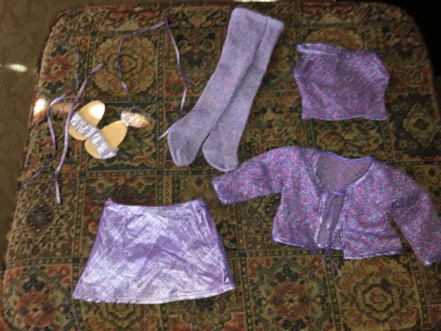 American Girl Millennium 2000 outfit Top Skirt Tights Shoes  purple sparkle