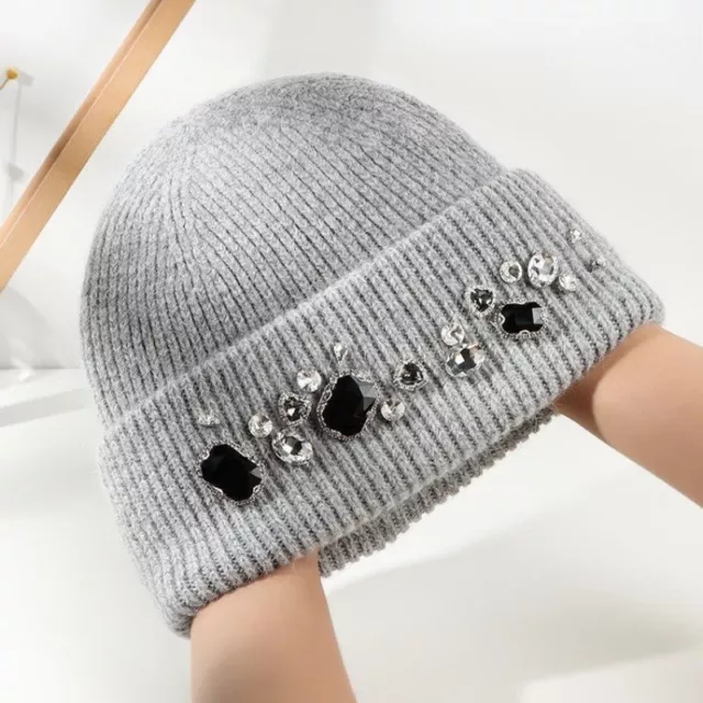 1x Women Warm Knitted Beanie Hat Diamond Rabbit Fur Hat Outdoor Ski Cap Winter 2