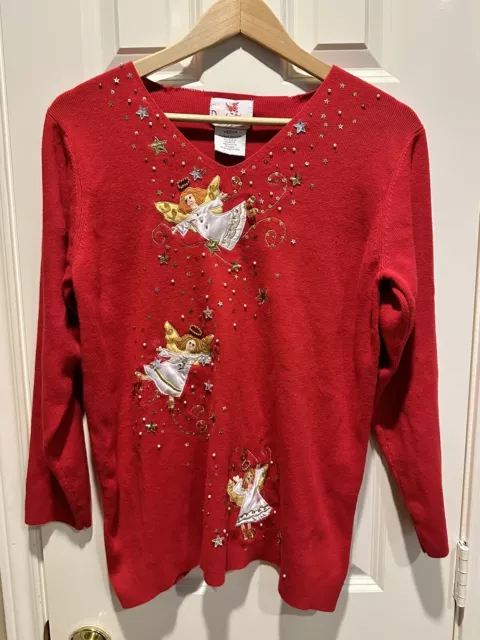 Vintage 80s Ugly Christmas Sweater Red  Quacker Factory Funny Angels Med