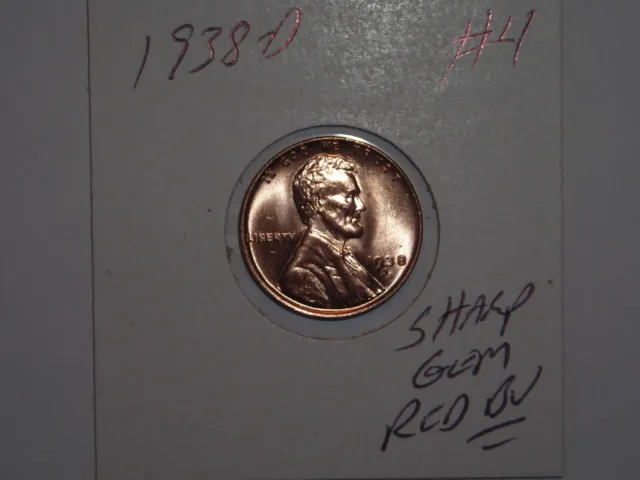 wheat penny 1938D GEM RED BU 1938-D LINCOLN CENT NICE UNC RED LUSTER LOT #4