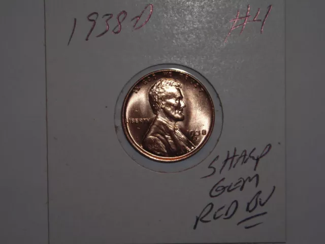 wheat penny 1938D GEM RED BU 1938-D LINCOLN CENT NICE UNC RED LUSTER LOT #4