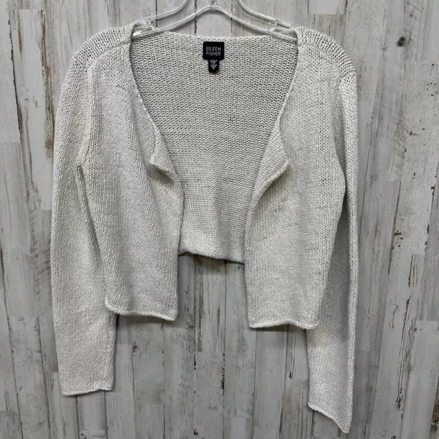 Eileen Fisher Cotton Linen Blend Womens Size S Beige Cardigan Sweater Open Front