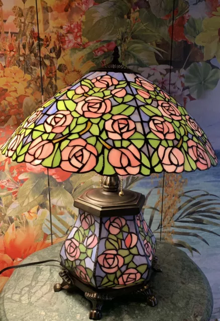 Tiffany Stained Glass Lamp  In Style Of  Royal Albert, Country Roses, Alloy Base