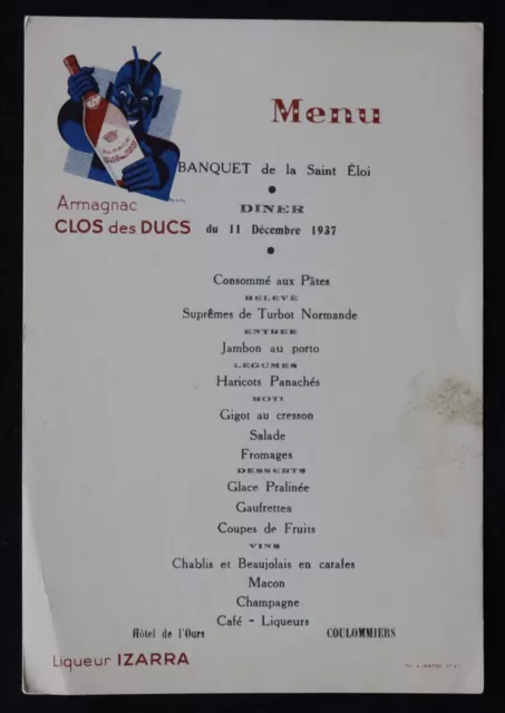 Menu Saint-Eloi 1937 COULOMIERS IZARRA Armagnac CLOS des DUCS  restaurant card